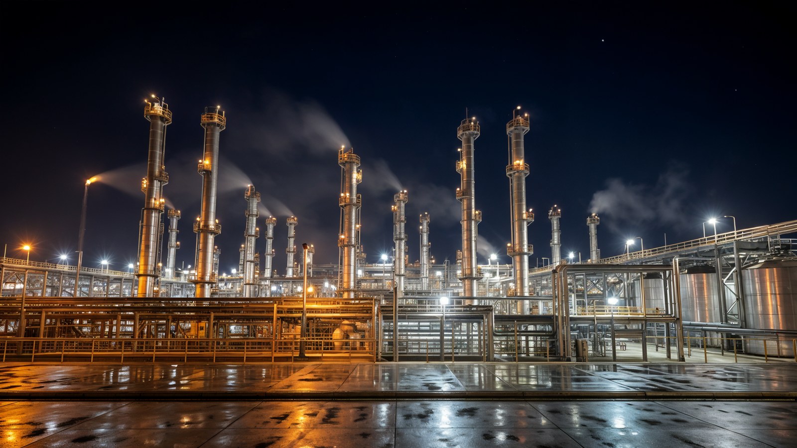 Illuminated oil refinery at night with distillation columns and storage tanks